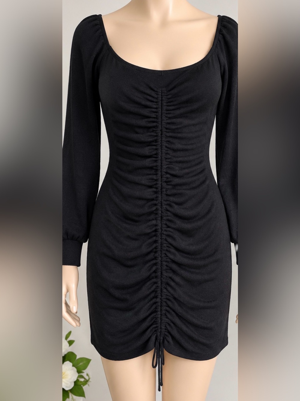 Topshop Studios Black Ruched Long Sleeve Mini Dress M